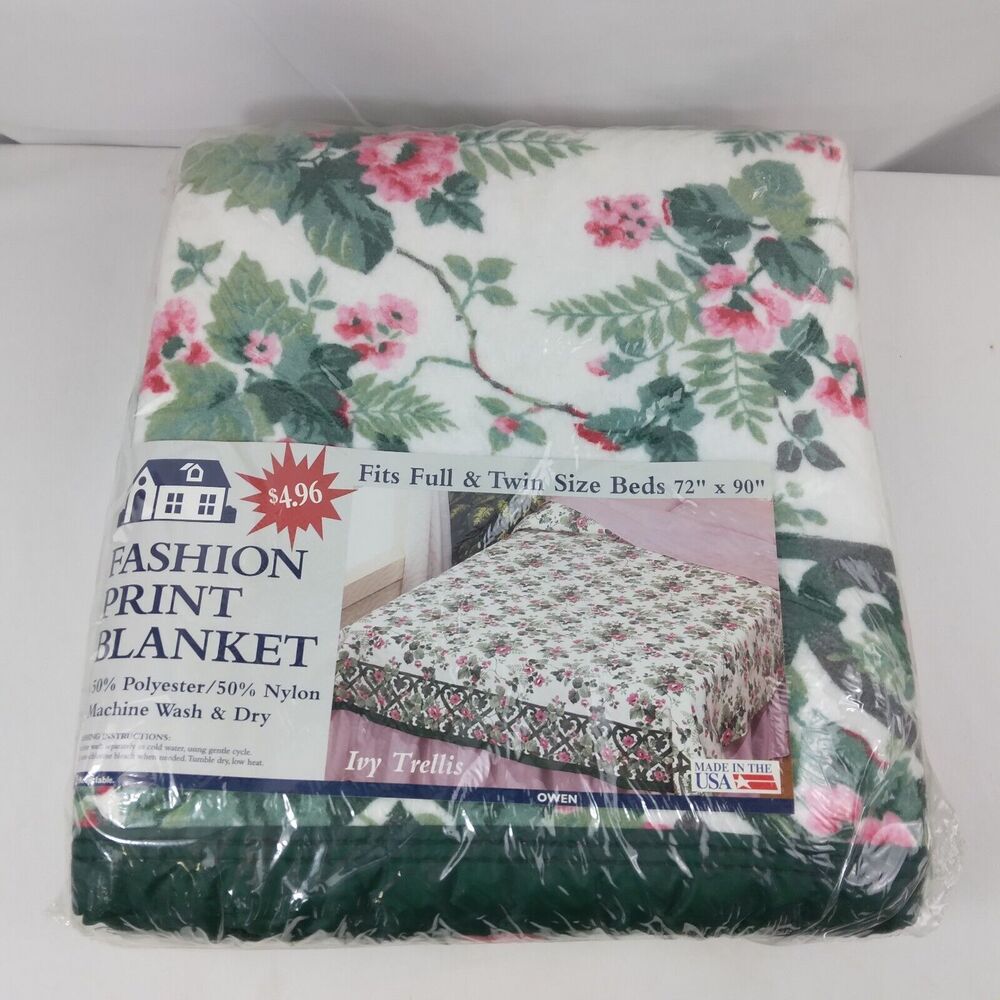 New Vintage Blanket Satin Trim Pink White Green Floral Ivy Trellis 79 x 90 Full